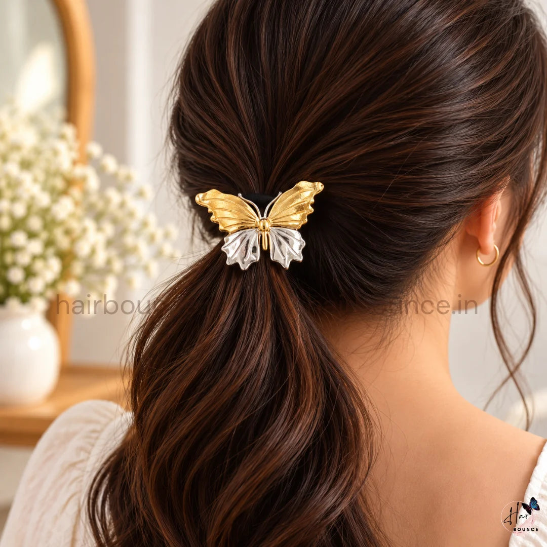 Elegant Dual Tone Butterfly Metal Ponytail Holder – Gold & Silver