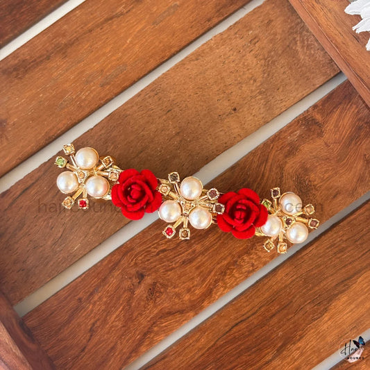 Red Rose Pearl Floral Center Hair Clip