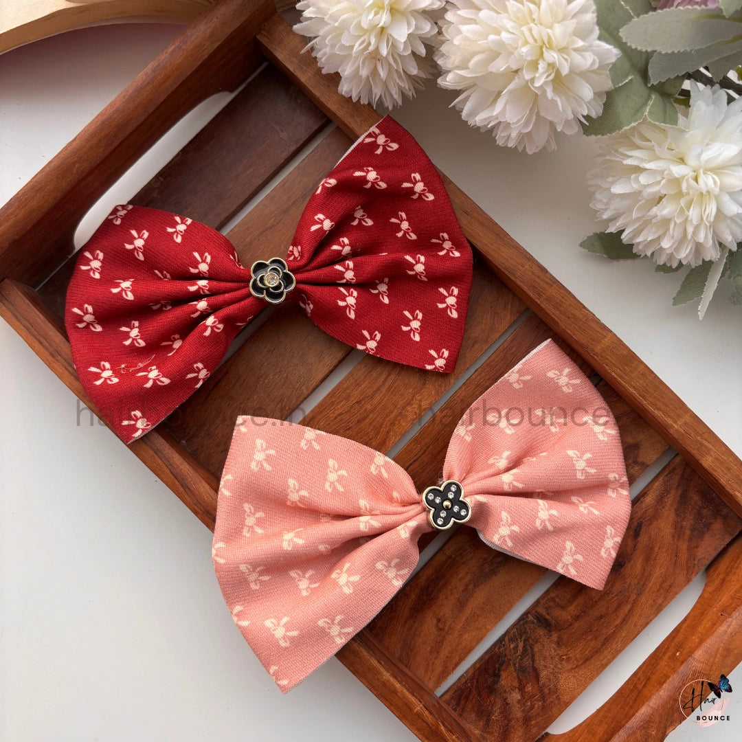 Floral Print Bow Hair Clip with Center Charm
