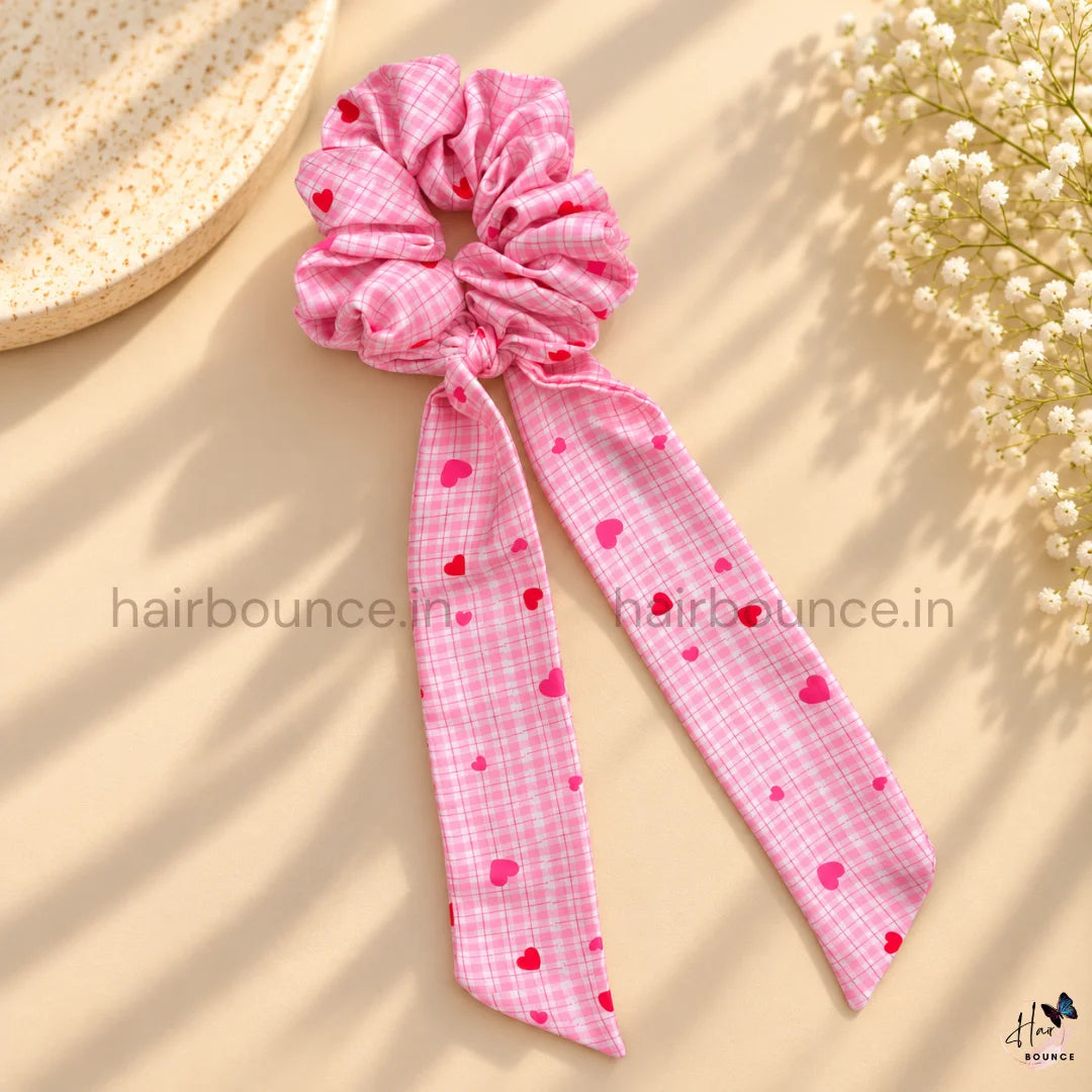 Sweetheart Checkered Printed Satin Tail Scrunchie – Pink