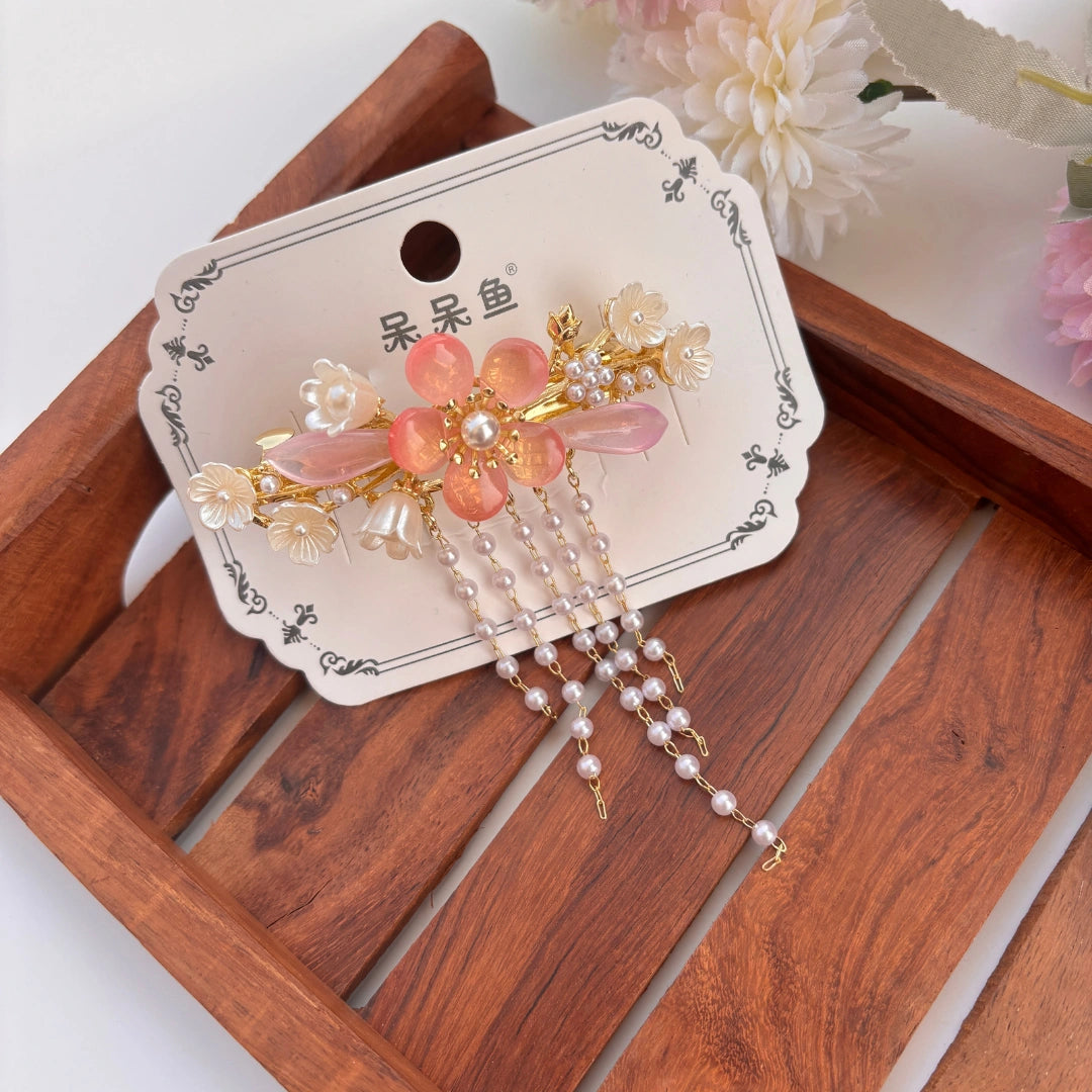 Celestial Bloom Pearl Drop Hair Barrette – Luxury Floral Hanging Clip
