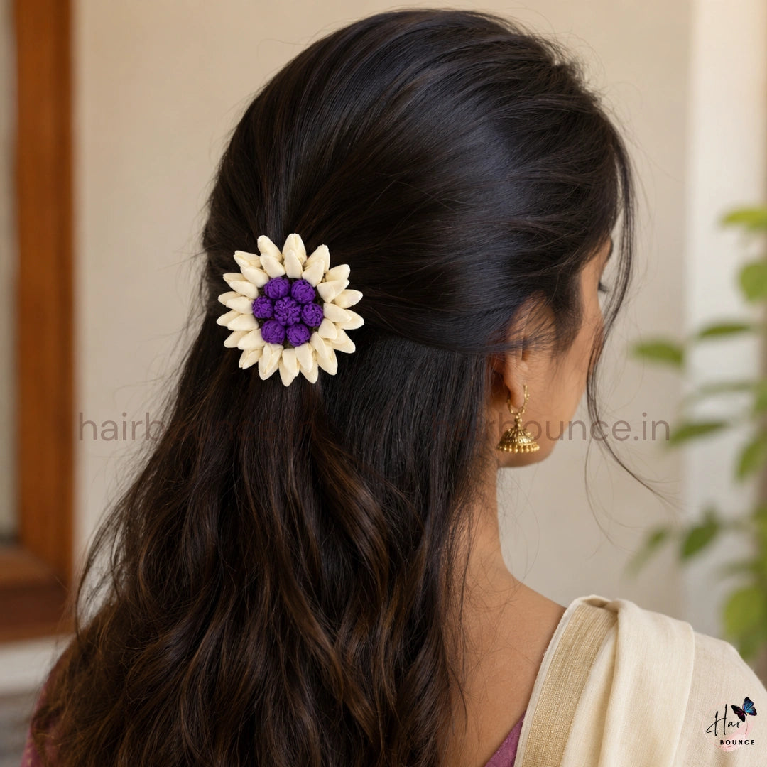 Jasmine Bloom Floral Center Hair Clip – Purple & Ivory