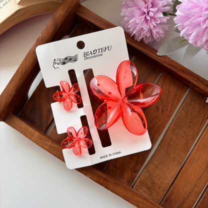 Glassy Flower Hair Claw – Set of 3 (1 Large + 2 Mini Claws)