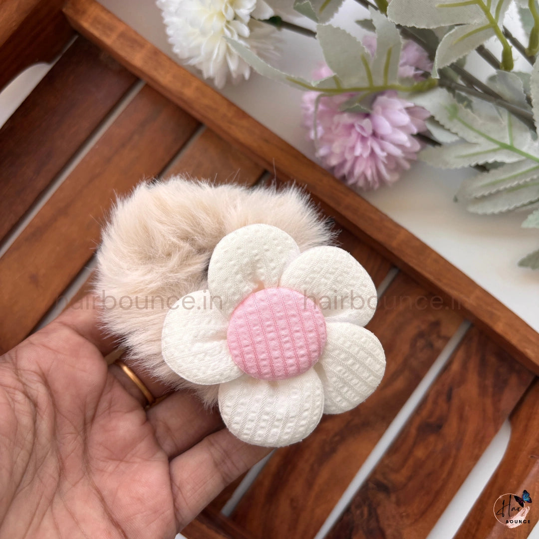 Bloom Fluff Fur Scrunchie | Soft Plush Floral Hair Scrunchie for Women & Girls