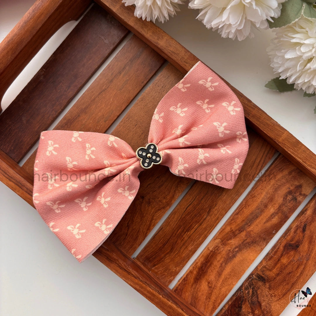 Floral Print Bow Hair Clip with Center Charm