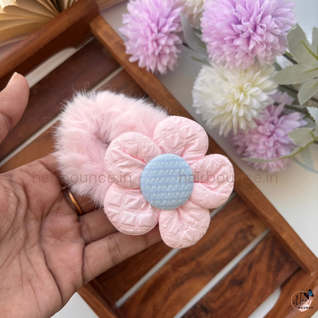 Blossom Fluff Fur Scrunchie | Soft Plush Floral Hair Scrunchie for Women & Girls