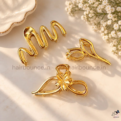 Golden Sculpted Metal Hair Claw Clips – Pack of 3