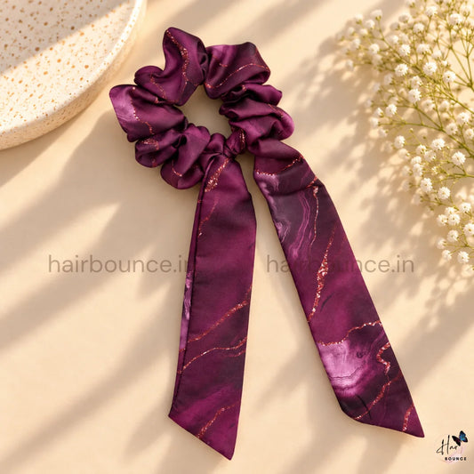 Marble Print Satin Tail Scrunchie – Burgundy