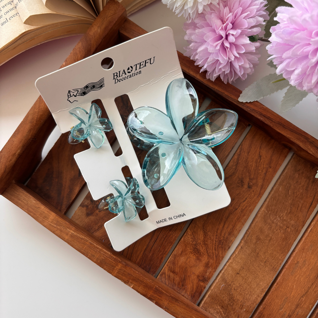 Glassy Flower Hair Claw – Set of 3 (1 Large + 2 Mini Claws)