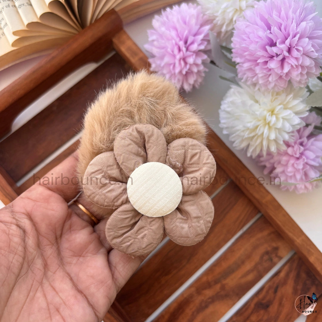 Blossom Fluff Fur Scrunchie | Soft Plush Floral Hair Scrunchie for Women & Girls