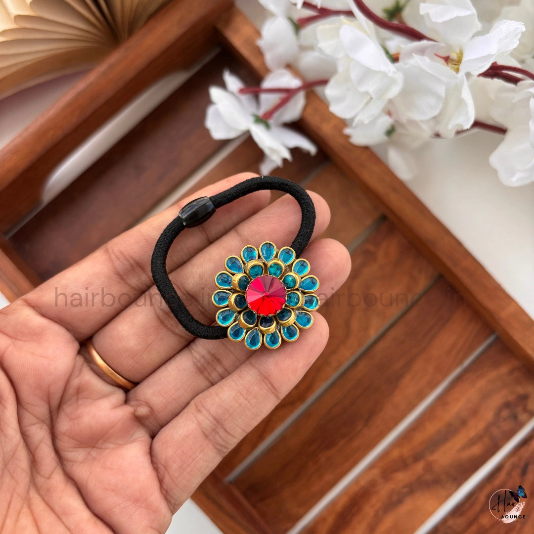 Blue Kundan Floral Hair Tie with Red Stone