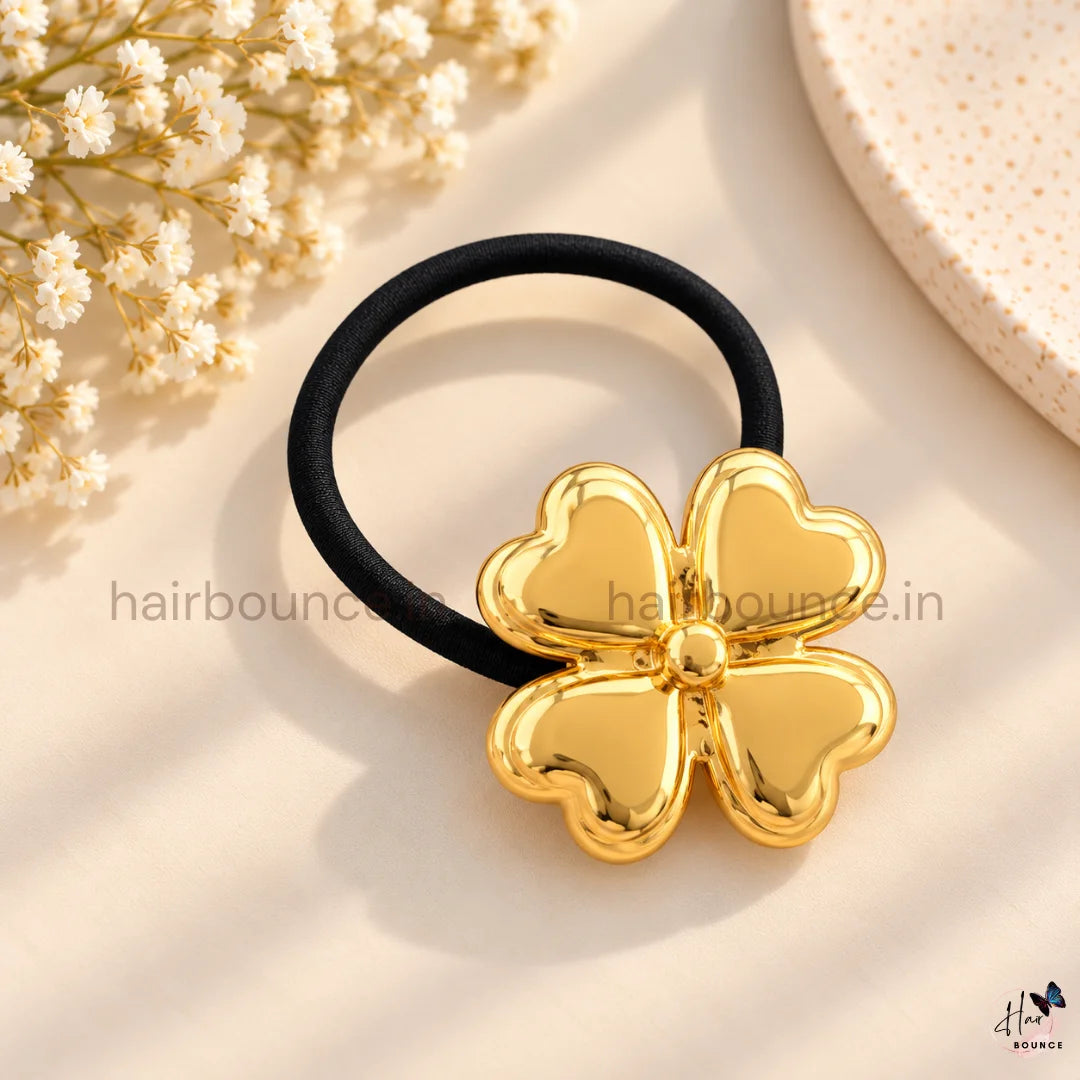 Golden Four Leaf Clover Heart Metal Ponytail Holder