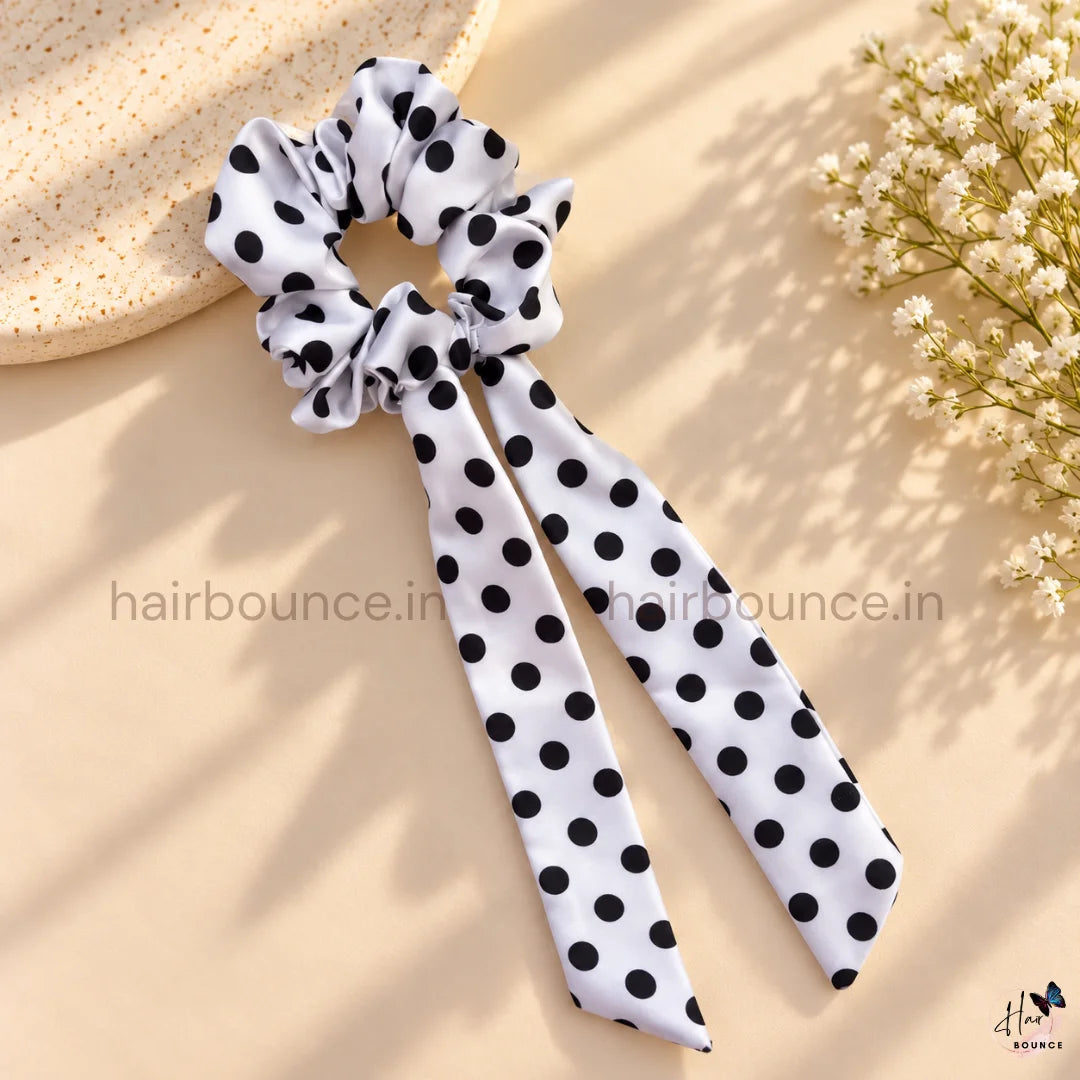 Classic Polka Dot Satin Tail Scrunchie – Black & White