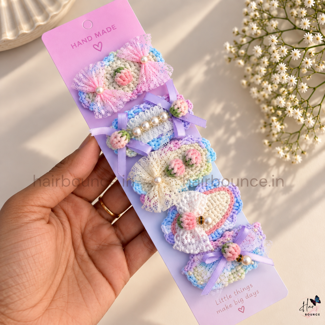 Pastel Lace & Rose Premium Handmade Crochet Hair Clips – Pack of 5