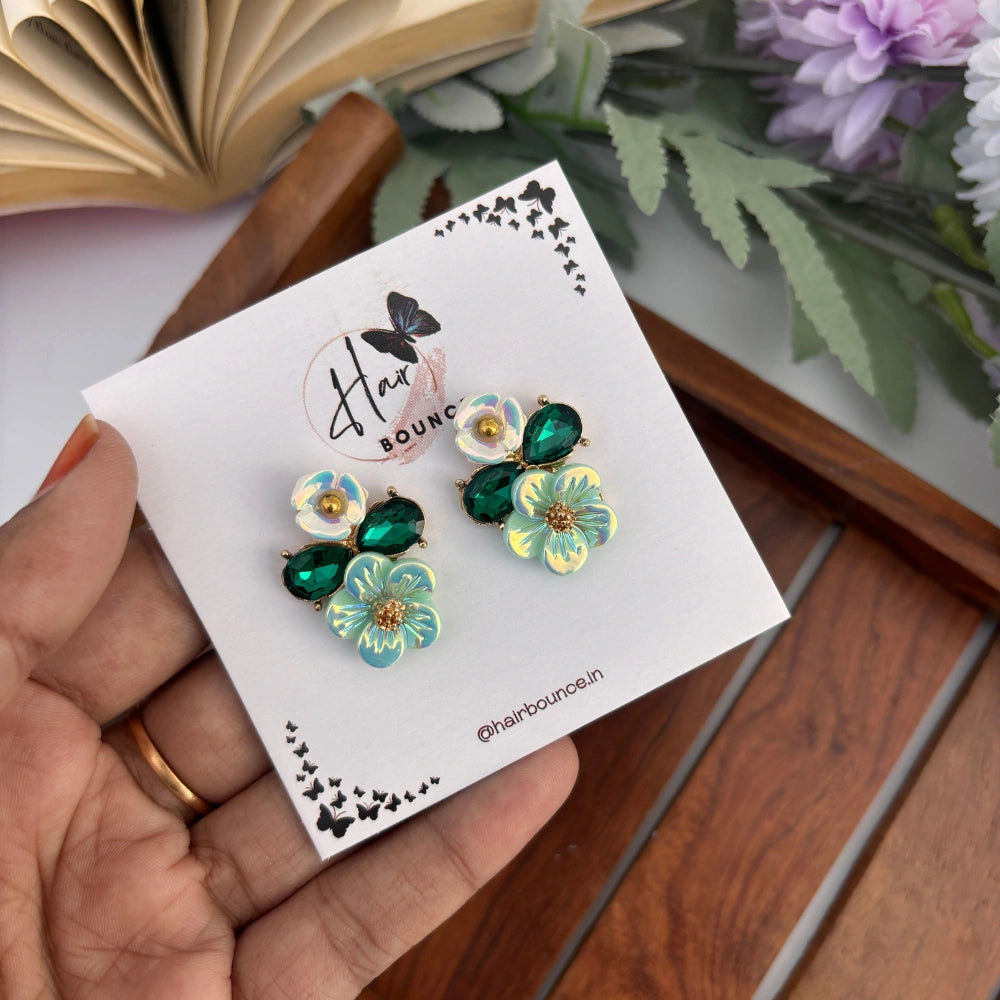 Iridescent Bloom Crystal Studs - Green