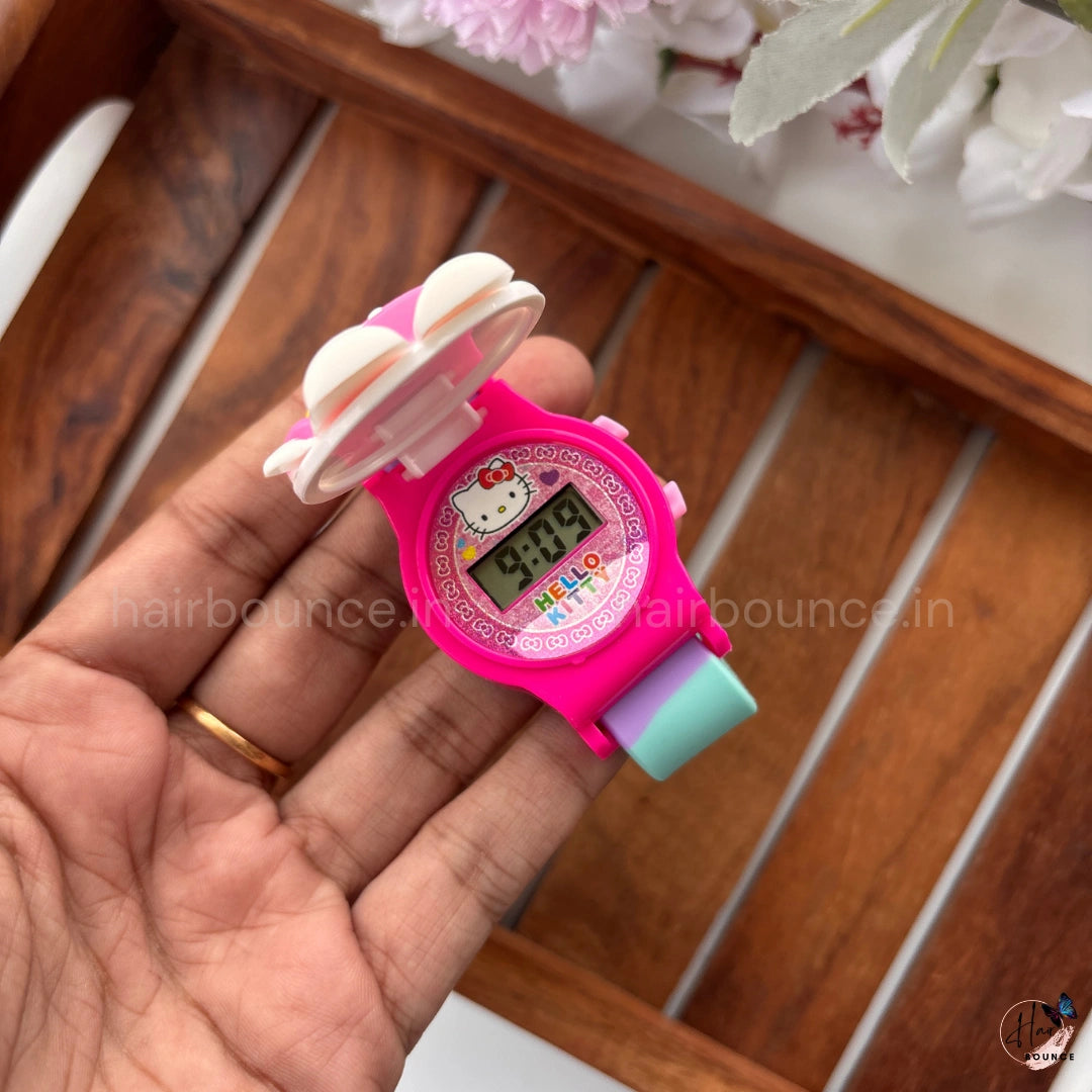 Hello Kitty Flip-Top Kids Decorative Wrist Watch – Cute Character Silicone Strap