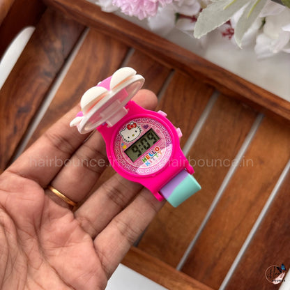 Hello Kitty Flip-Top Kids Decorative Wrist Watch – Cute Character Silicone Strap