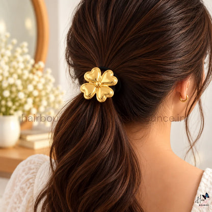 Golden Four Leaf Clover Heart Metal Ponytail Holder