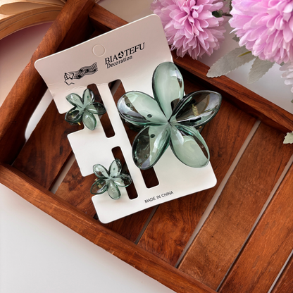Glassy Flower Hair Claw – Set of 3 (1 Large + 2 Mini Claws)