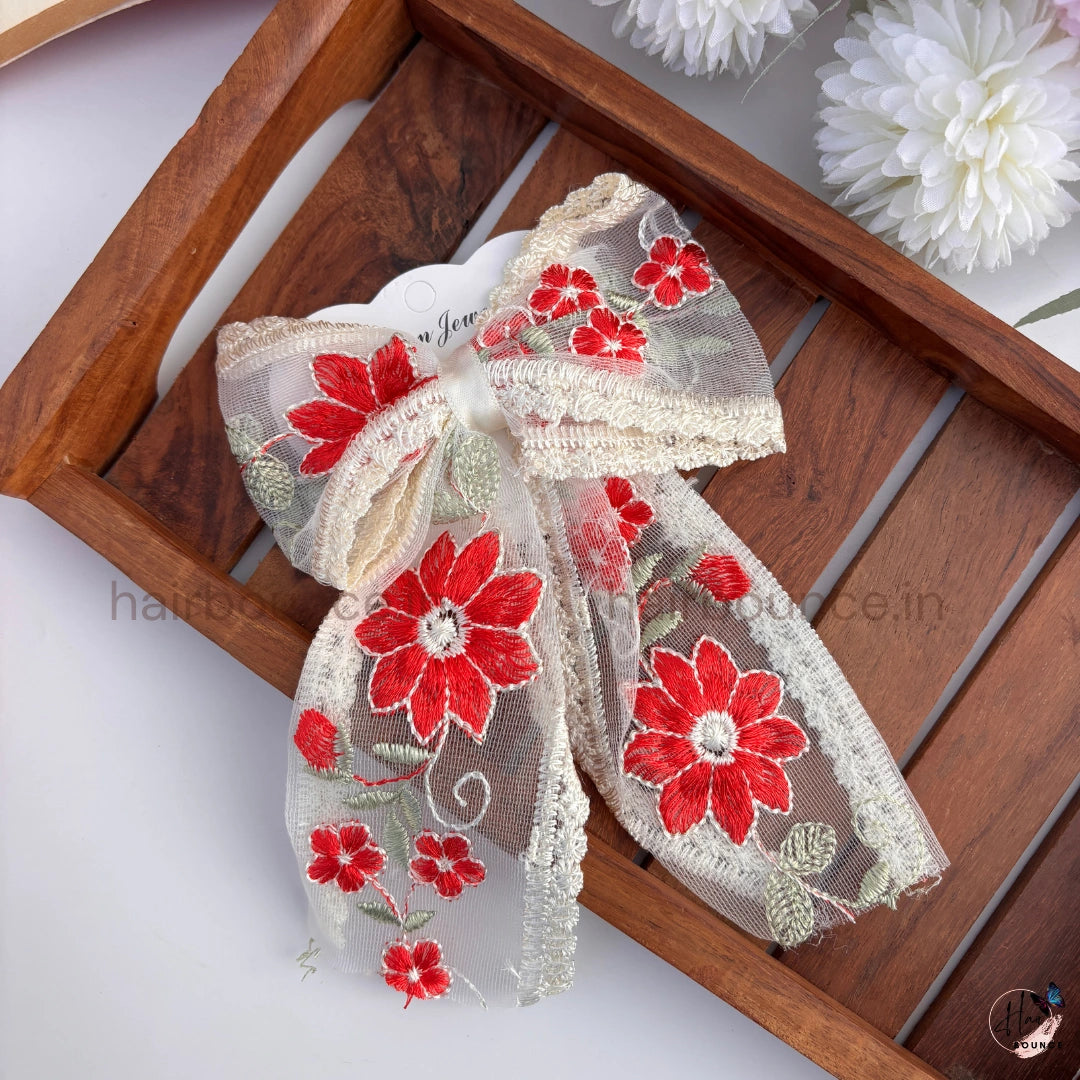 Floral Embroidered Lace Bow Hair Clip