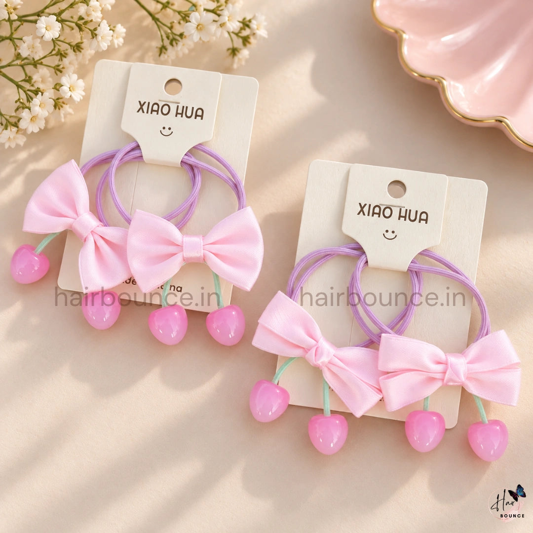 Cherry Bow & Bead Hair Ties for Girls – 2 Designs / Pack of 4