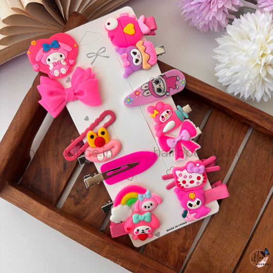Candy Pink Kawaii Cartoon Hair Clip Combo – 14 Pieces