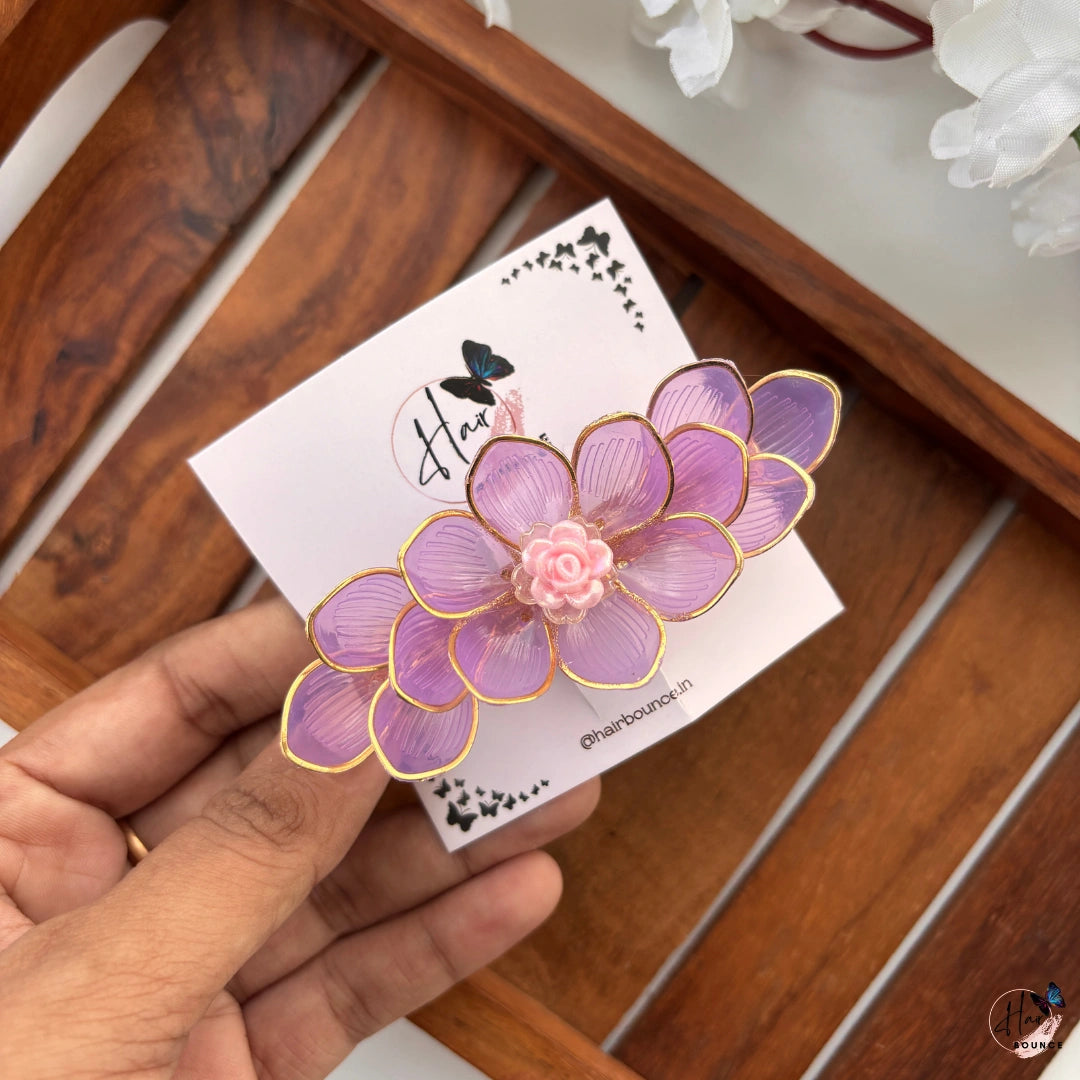 Lavender Bloom Floral Center Hair Clip with Rose Accent