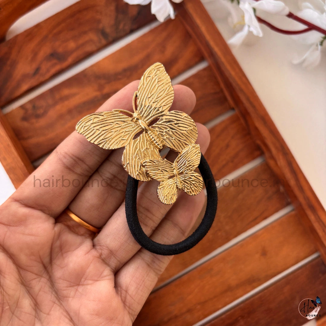 Golden Butterfly Designer Hair Tie – Double Butterfly Ponytail Rubber Band
