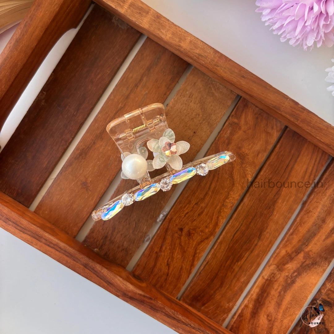 T- Shape Pearl Blossom Crystal Hair Claw - Large