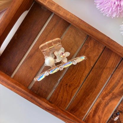 T- Shape Pearl Blossom Crystal Hair Claw - Large