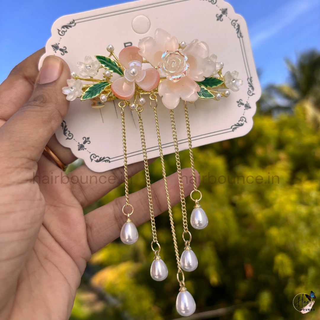 Crystal Rose & Blossom Pearl Tassel Hair Clip with Dangling Chains