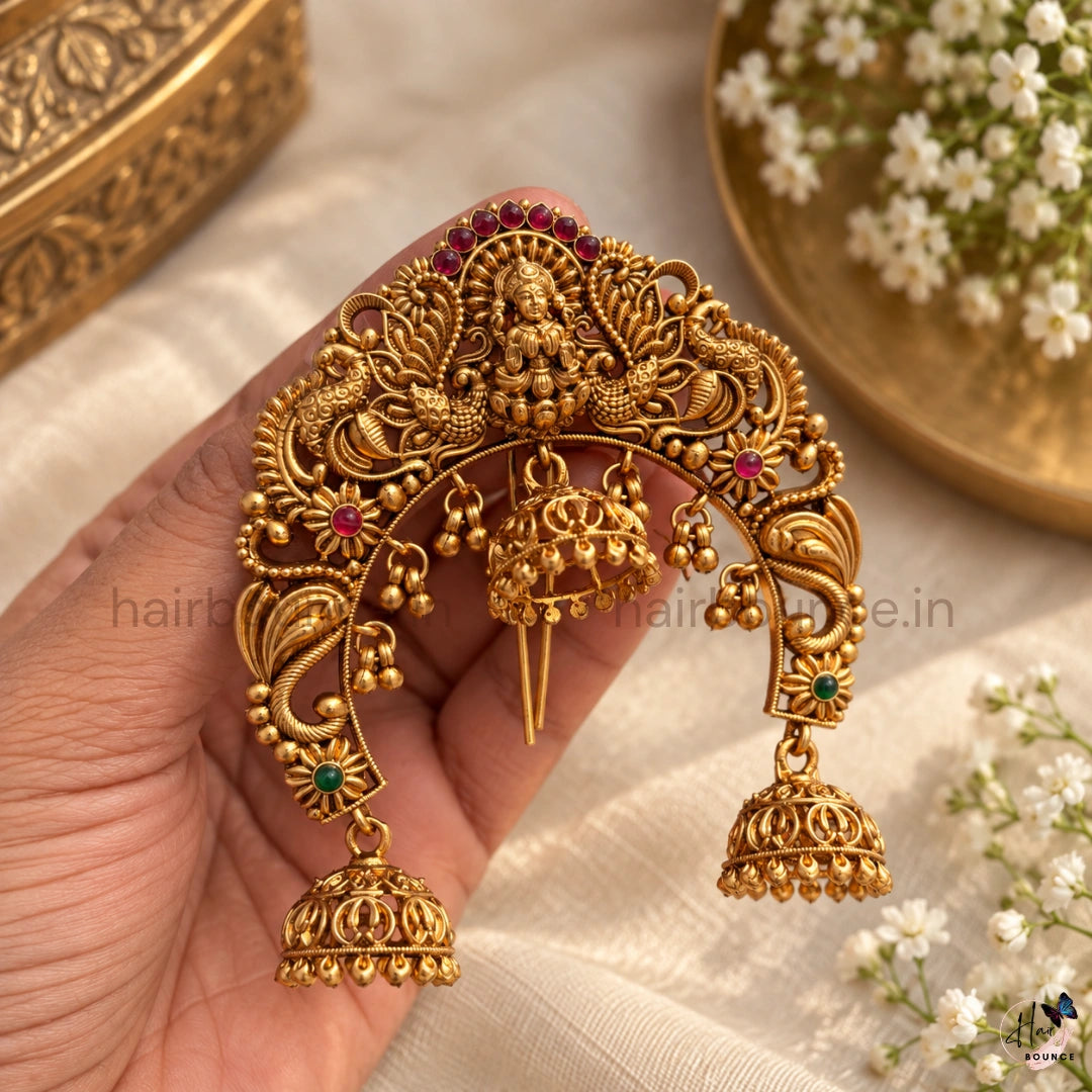 Lakshmi Peacock Antique Jada Billa with Jhumka Hangings