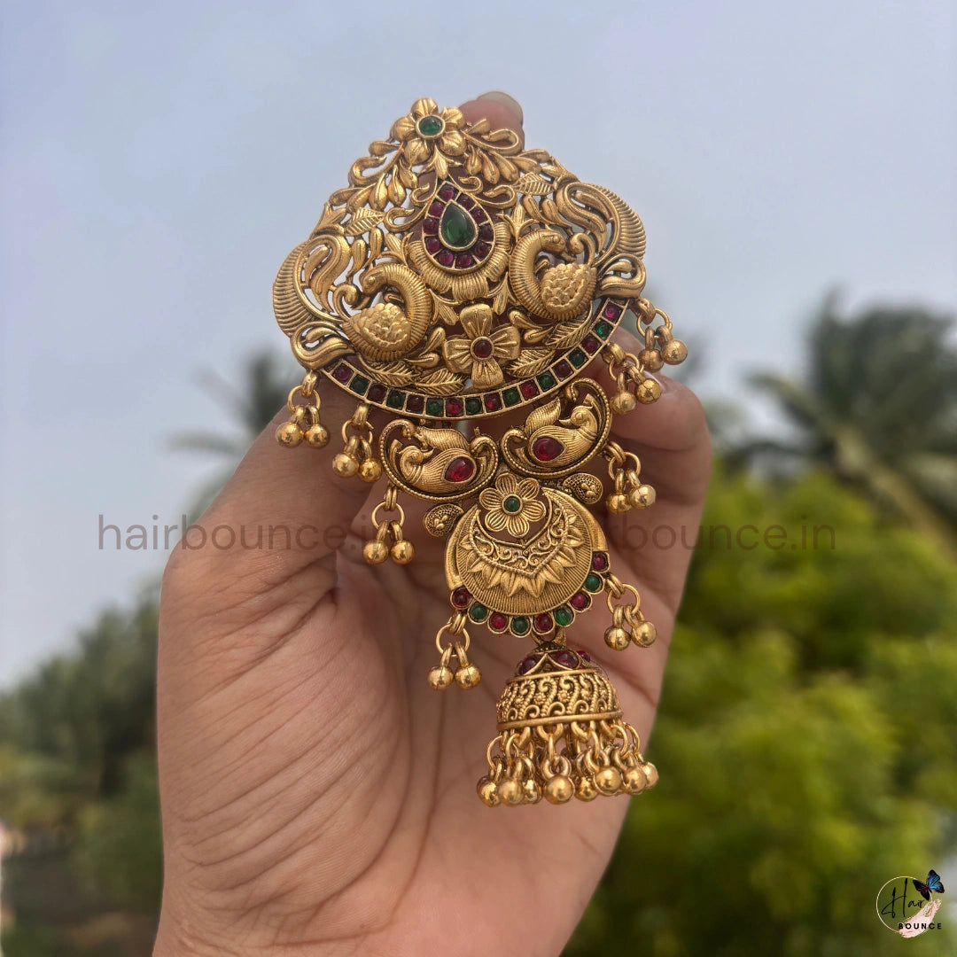 Royal Peacock Temple Jada Billa with Antique Gold Finish, Kemp Stones & Jhumka Danglers