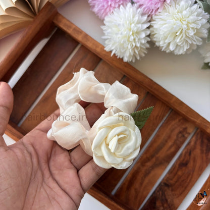 Elegant Satin Floral Scrunchie – Soft Silk Hair Tie with Rose Detail