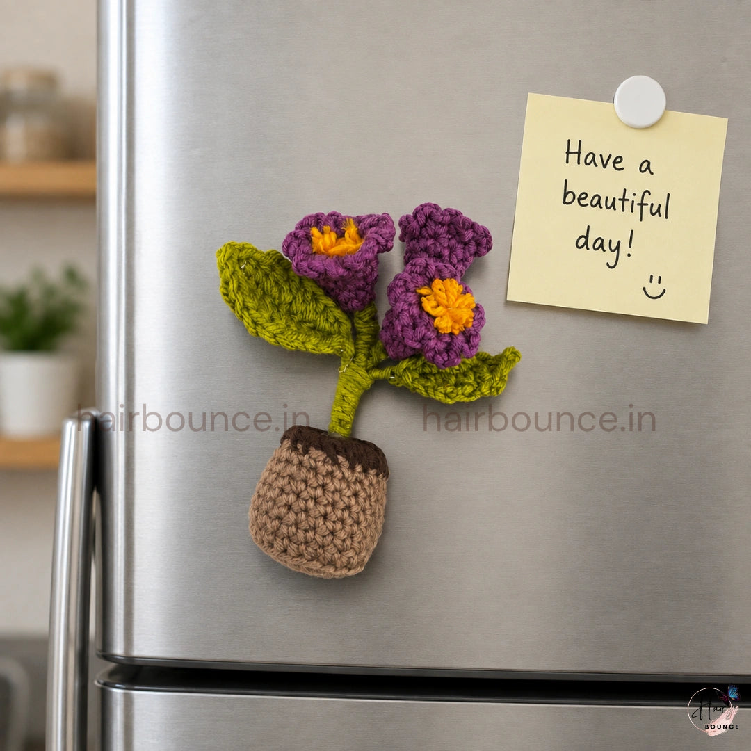 Handmade Crochet Flower Pot Fridge Magnet | Cute Floral Refrigerator Magnet & Home Decor