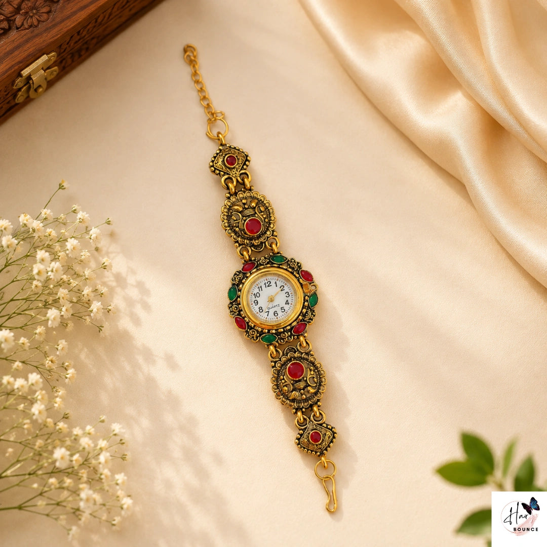 Antique Gold Kemp Stone Traditional Jewellery Watch – Red & Green