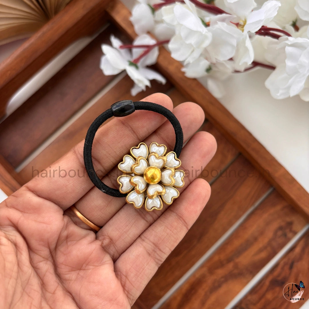 Golden Pearl Floral Designer Hair Tie