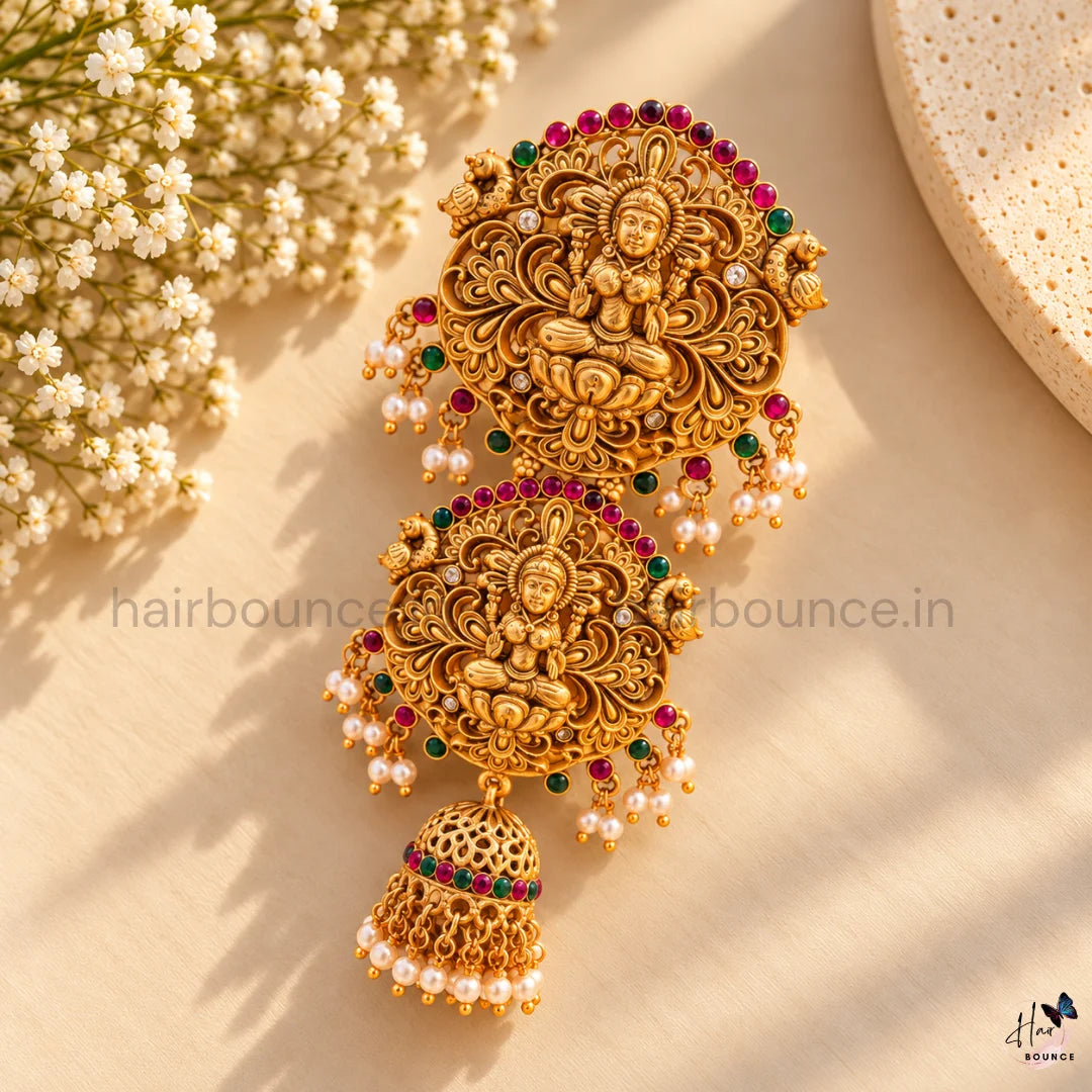 Royal Lakshmi Floral Kemp Jada Billa with Pearl Jhumka Hangings