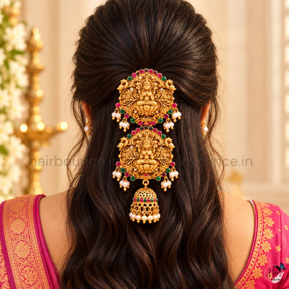 Royal Lakshmi Floral Kemp Jada Billa with Pearl Jhumka Hangings