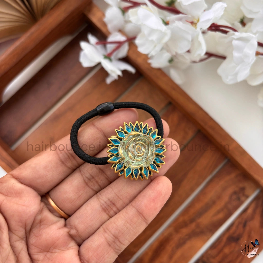 Blue Kundan Floral Hair Tie with Crystal Rose