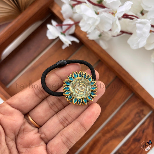 Blue Kundan Floral Hair Tie with Crystal Rose