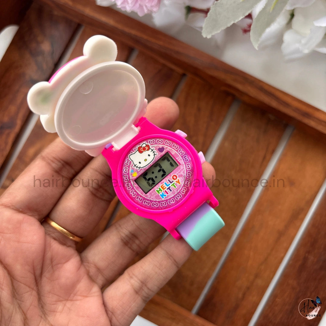 Hello Kitty Flip-Top Kids Decorative Wrist Watch – Cute Character Silicone Strap