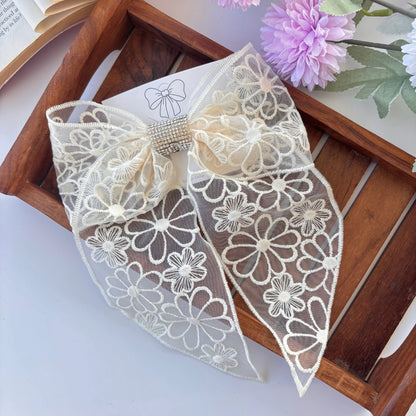 Floral Lace Bow Clip with Rhinestone Center