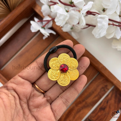 Lakshmi Coin Designer Hair Tie with Red Stone
