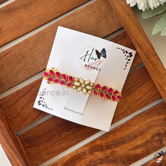 Ruby Leaf & Pearl Floral Kundan Hair Clip