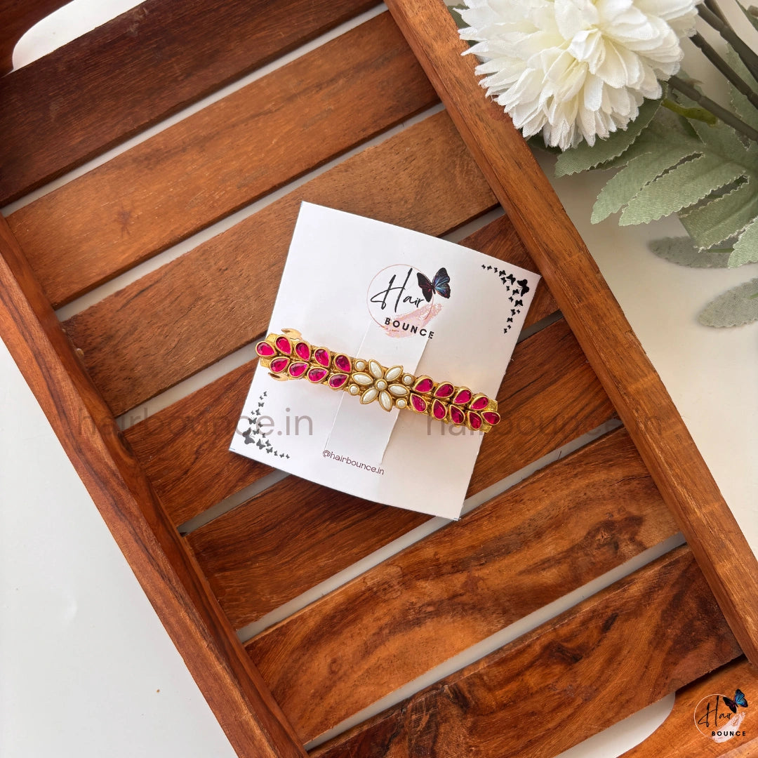 Ruby Leaf & Pearl Floral Kundan Hair Clip