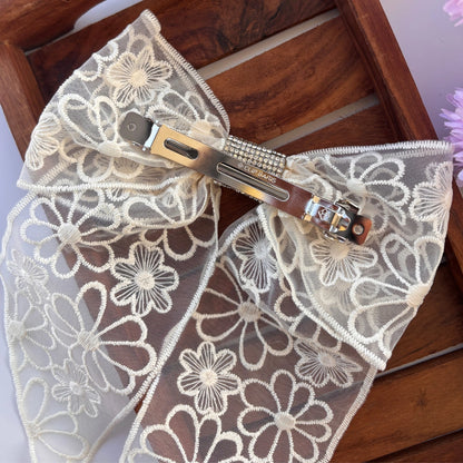 Crystal Pearl Floral Lace Bow Clip