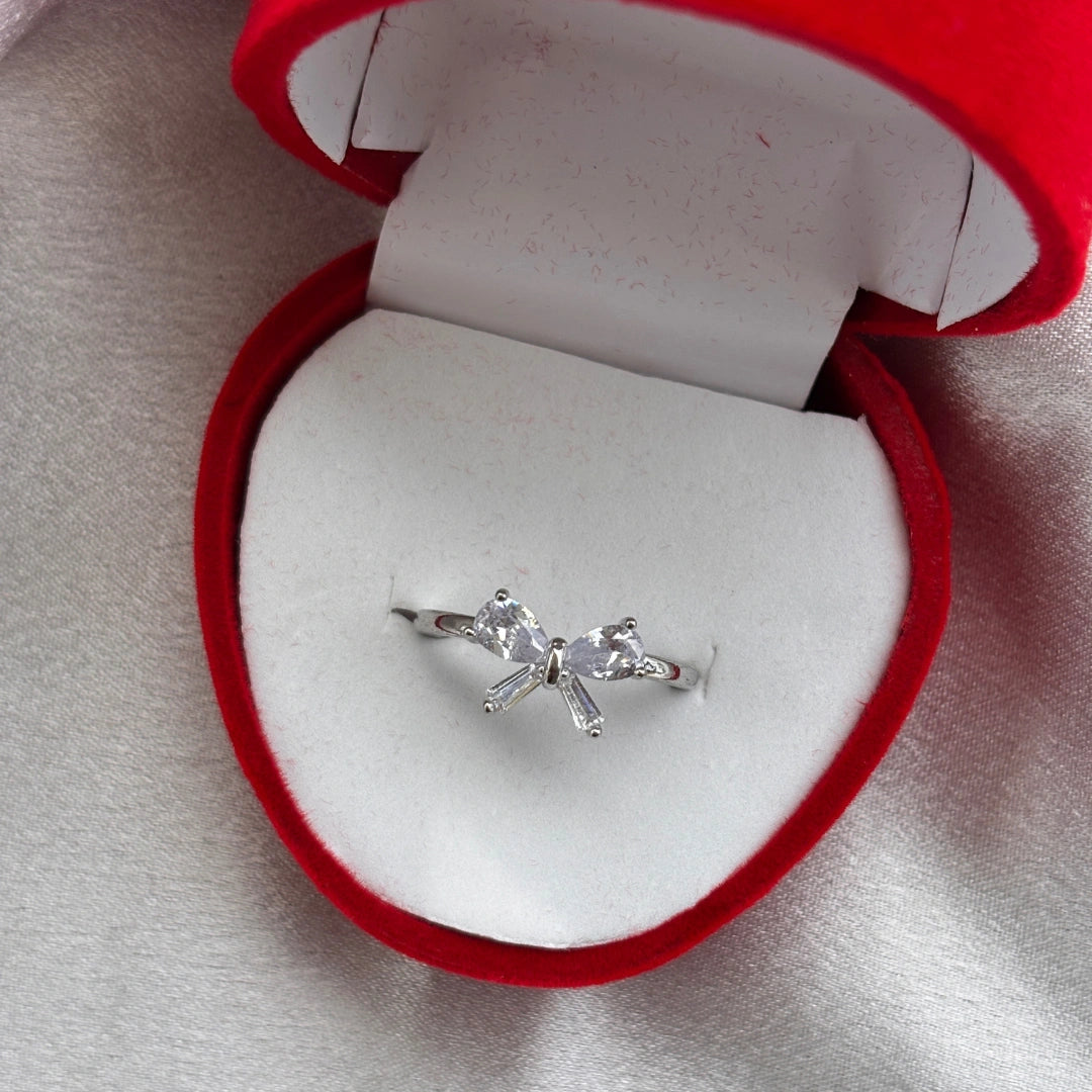 Crystal Bow Silver Ring – Adjustable