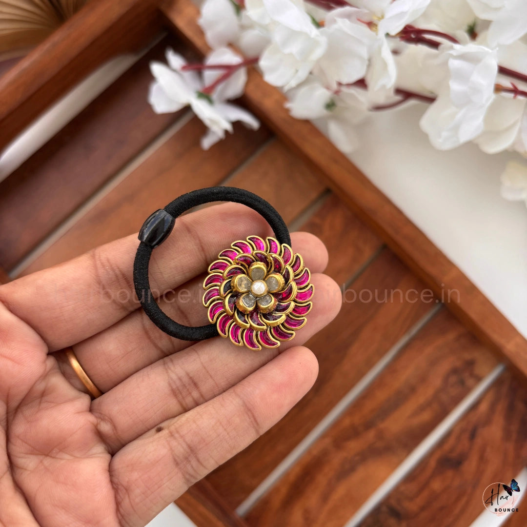 Pink Kundan Floral Designer Hair Tie with Pearl