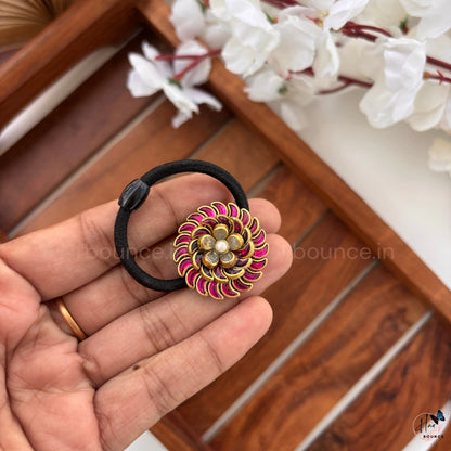 Pink Kundan Floral Designer Hair Tie with Pearl